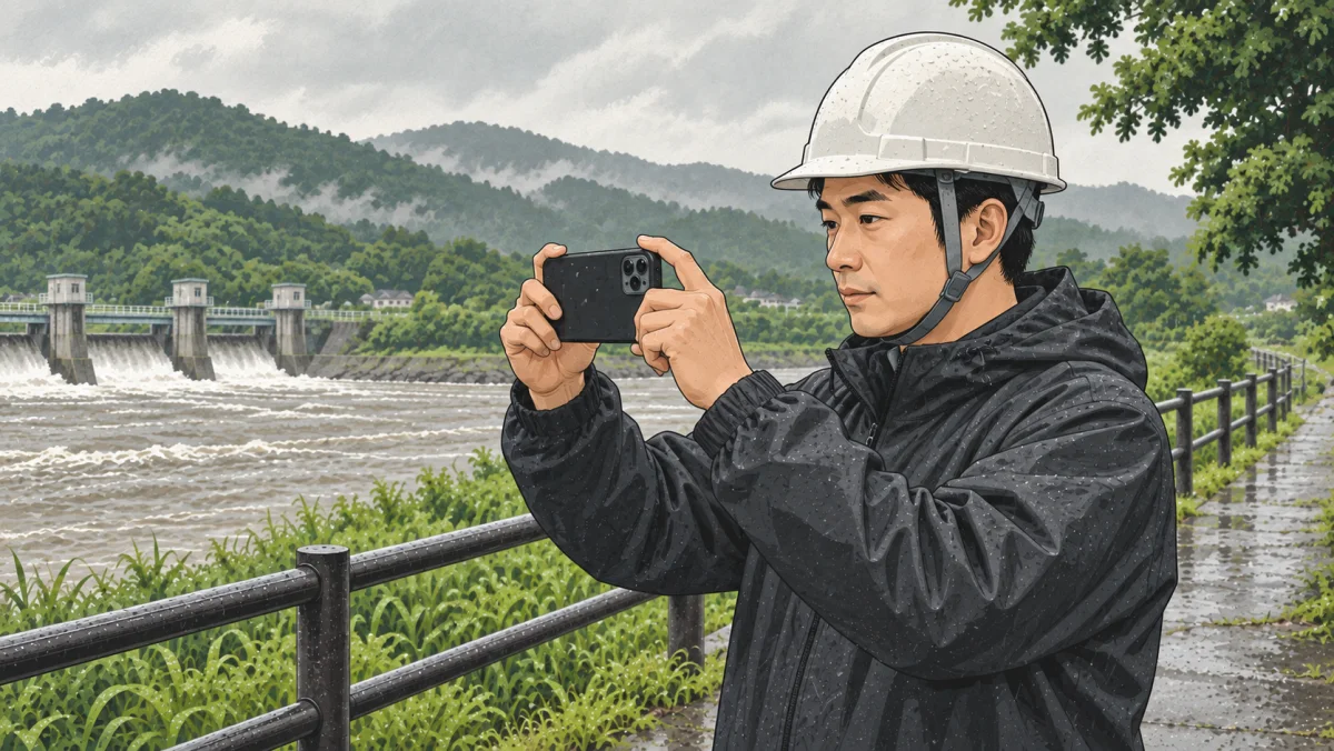 雨の河川敷でヘルメットをかぶった現場担当者が iPhone を横に構え、放流中の堰を撮影しているイラスト