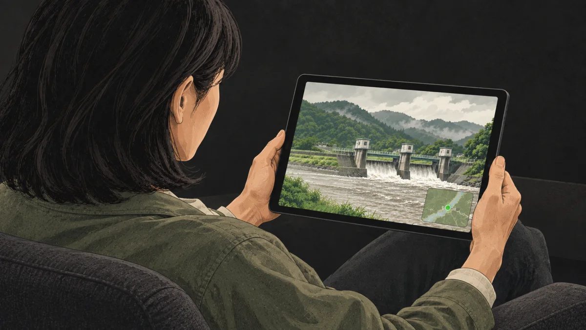 視聴者がソファでタブレットを持ち、堰の映像と右下の現在地の地図を見ているイラスト